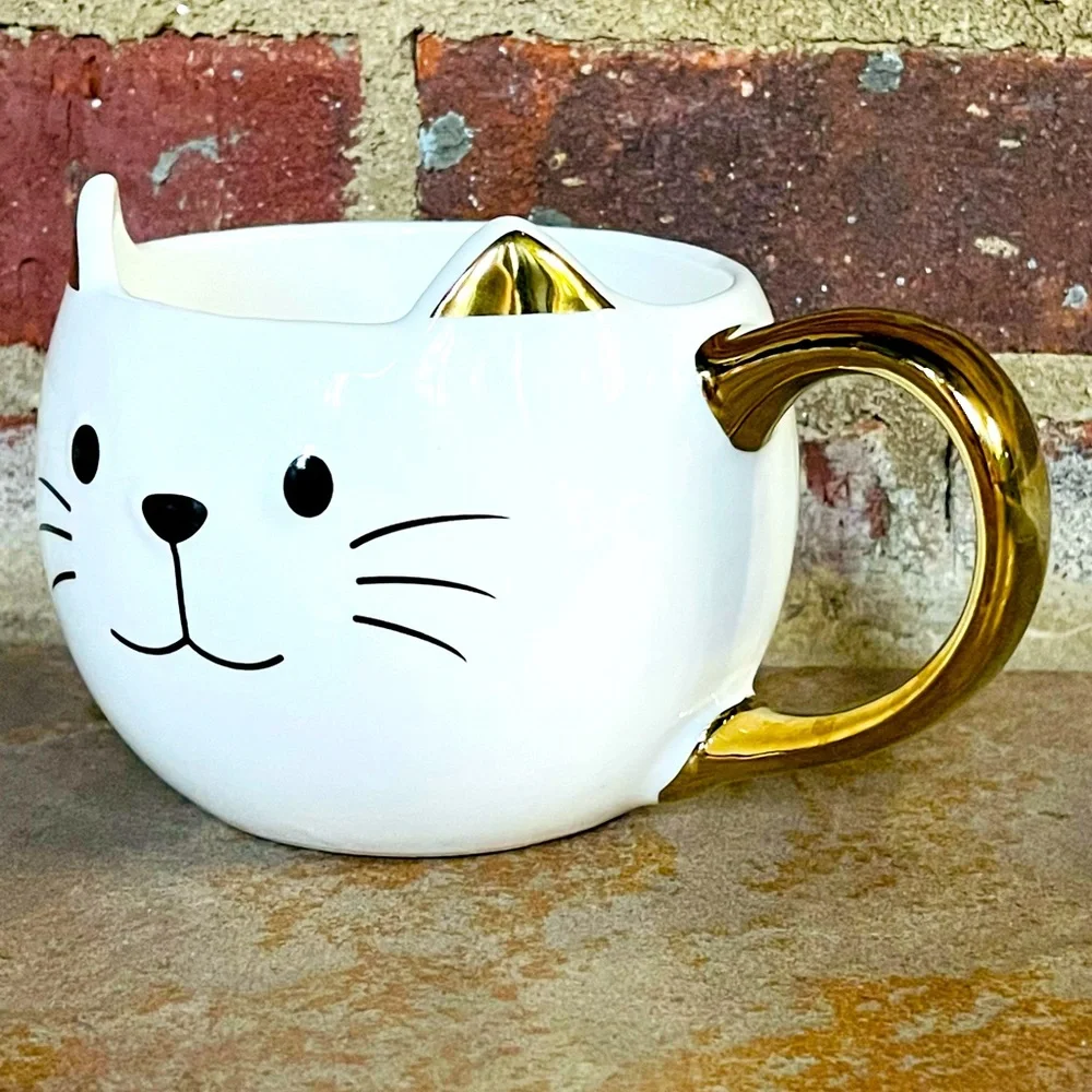 NEW Large Cat Shaped White and Gold Coffee Tea Mug Cup Pet Animal Lover 17 fl oz - Picture 9 of 10